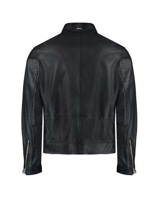 Boss Black Zipped Leather Biker Jacket for men