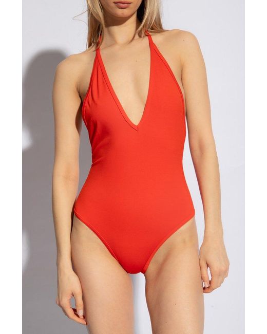 Bottega Veneta Red Stretch Nylon Halter Neck Swimsuit