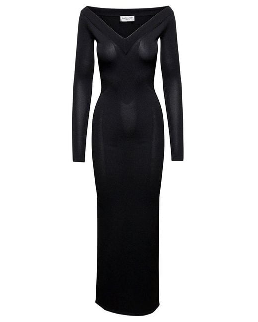 Saint Laurent Black Off-Shoulder V-Neck Long Dress
