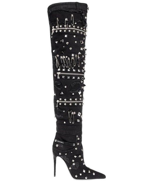 Dolce & Gabbana Black Distressed Patchwork Denim Boots