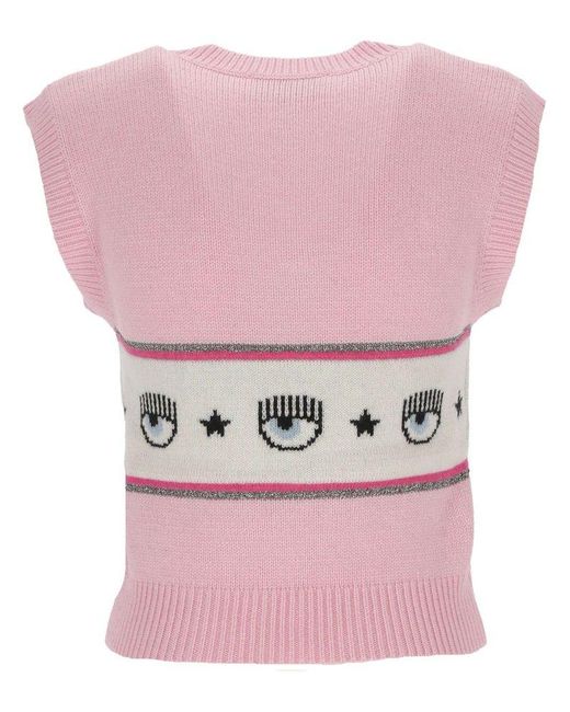 Chiara Ferragni Pink Eyelike Intarsia-Knit V-Neck Vest