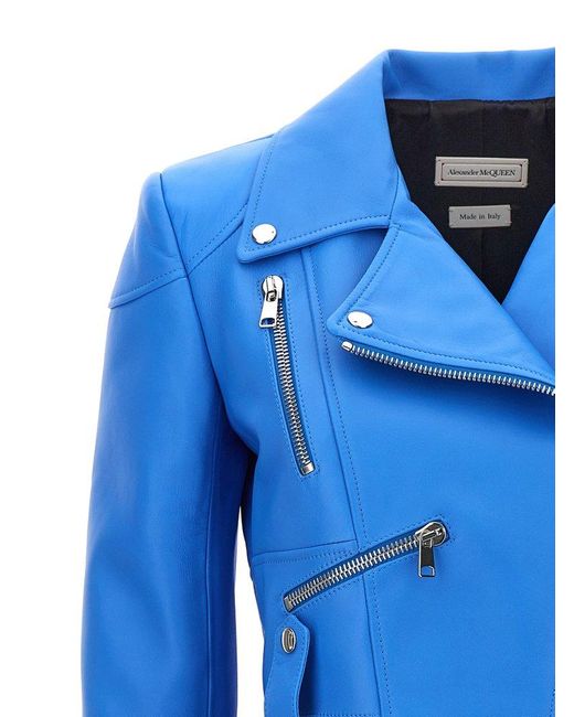 Alexander McQueen Blue Peplum-hem Collared Leather Jacket