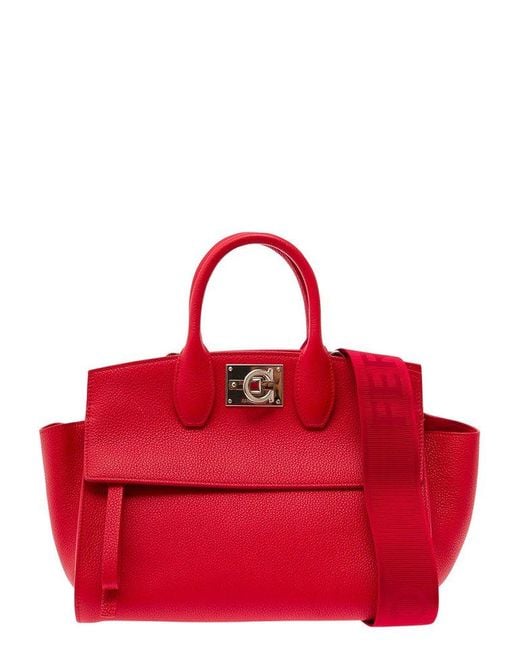 Ferragamo Red 'studio Bag S' Handbag With Gancini Detail In Hamme Leather