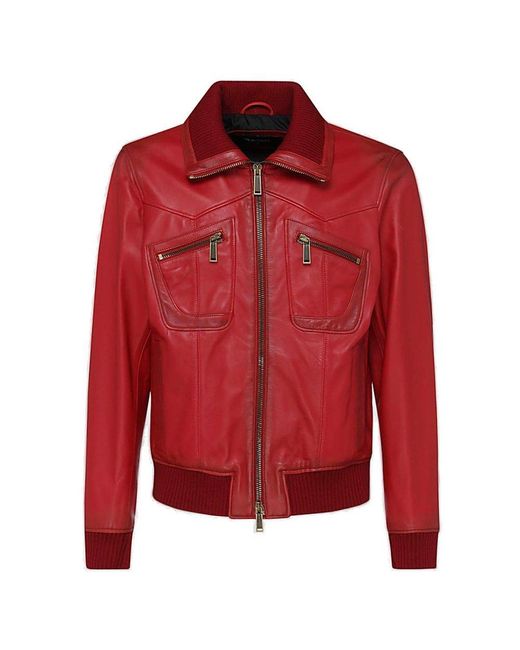 DSquared² Red Leather Bomber Jacket for men