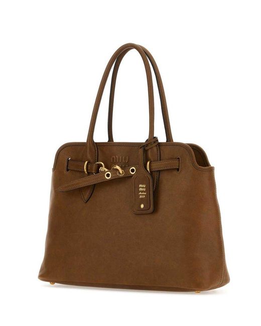 Miu Miu Brown Aventure Logo-Tag Tote Bag