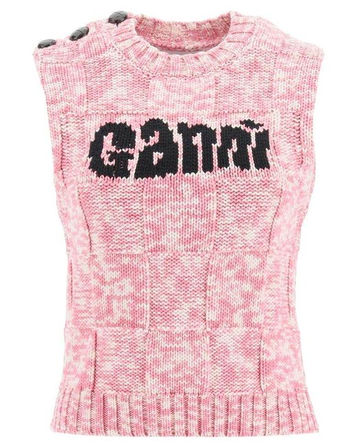Ganni Pink Knit Vest With Logo