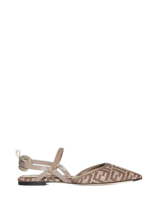Fendi White Ff Jacquard Pointed-toe Slingback Ballerina Shoes