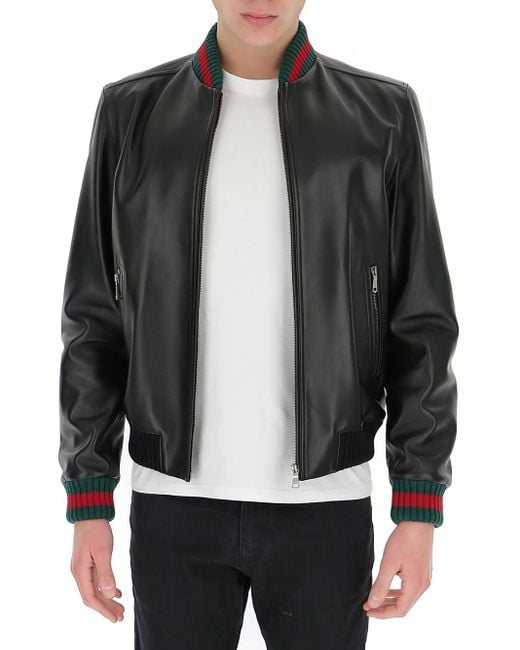 Gucci Web-detailed Leather Jacket in Black for Men - Lyst