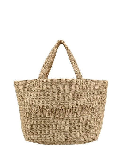 Saint Laurent Natural Large Logo Embroidered Raffia Tote Bag