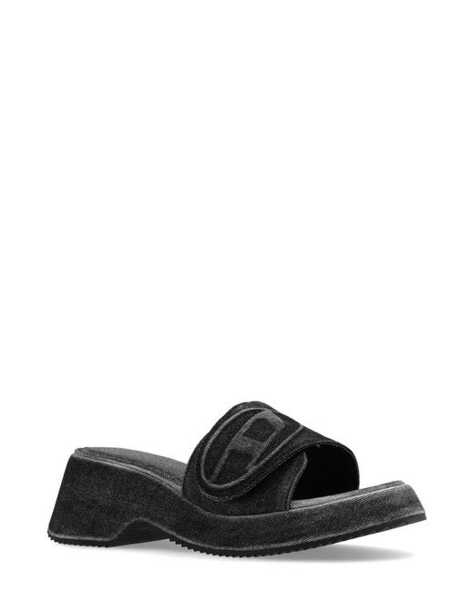 DIESEL Black Sa-oval D Pf W Logo Emboosed Denim Sandals