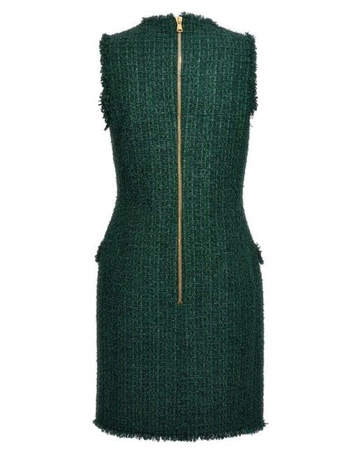 Balmain Green Button-embellished Tweed Mini Dress