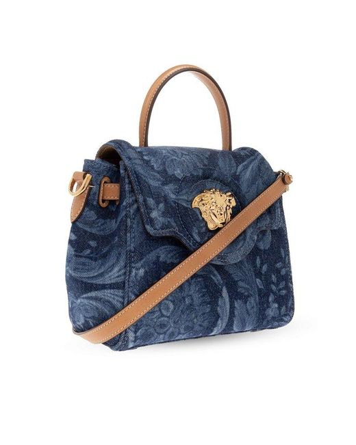 Versace Blue La Medusa Foldover Top Small Tote Bag