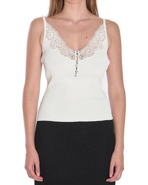 Self-Portrait Lace-Trim Ribbed-Knit Top in White | Lyst UK