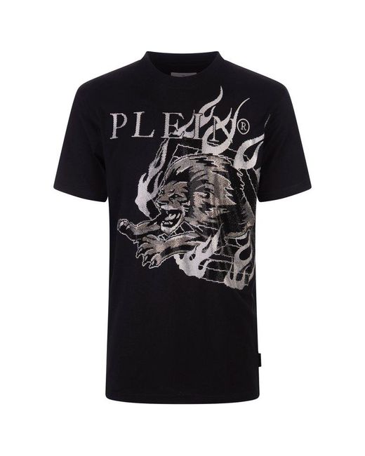 Philipp Plein Black T-Shirt With Crystal Lion Circus for men