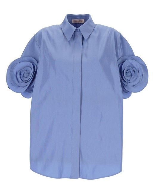 Valentino Blue Floral Embellished Short-sleeved Shirt