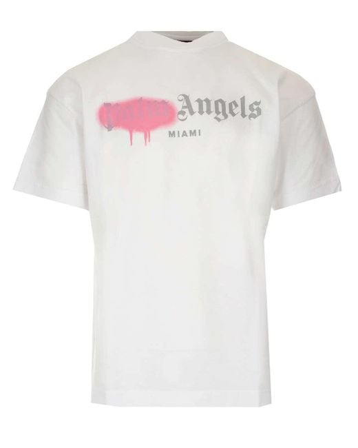 Palm Angels White Pink Spray Paint Miami T-shirt for men