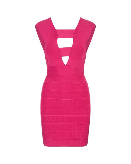 Hervé Léger Pink Hot Deep V Strappy Icon Dress
