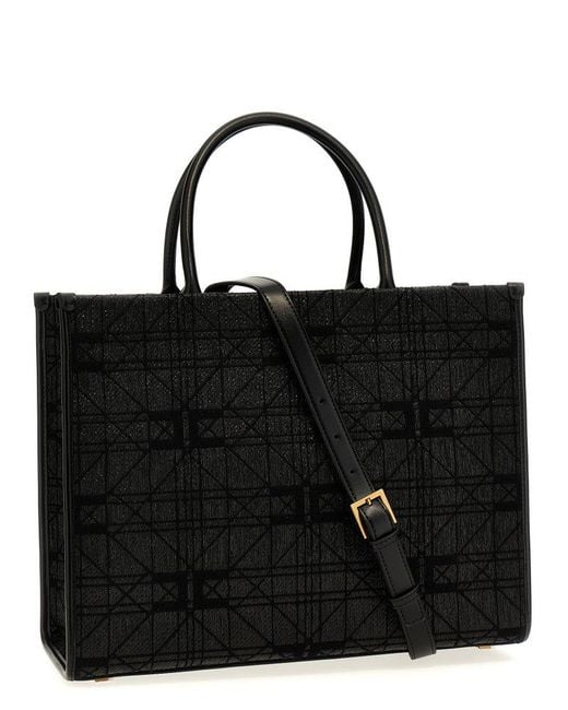 Elisabetta Franchi Black Logo Jacquard Shopping Bag Hand Bags