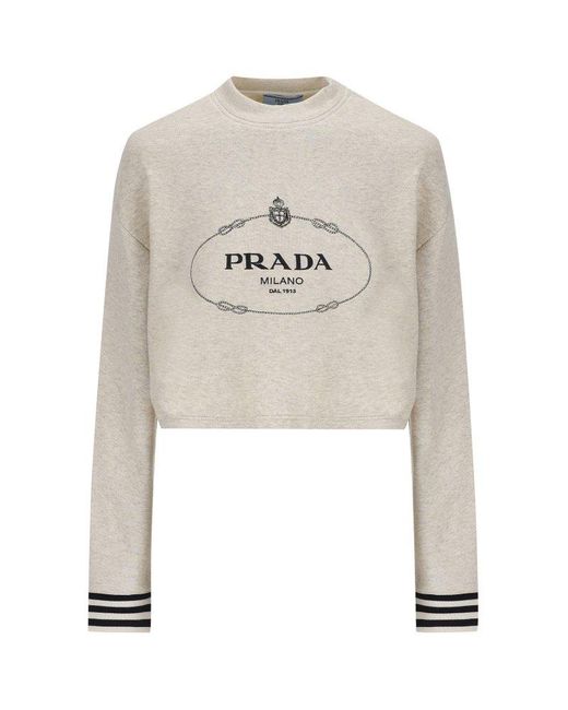 Prada White Logo Printed Crewneck Cropped Sweater