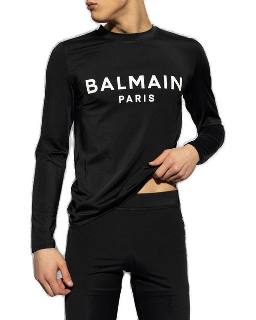 Balmain Black Logo Printed Sleeved Swim Top for men