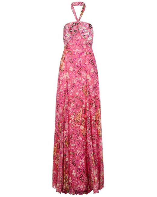 Etro Pink Allover Floral Print Halterneck Maxi Dress