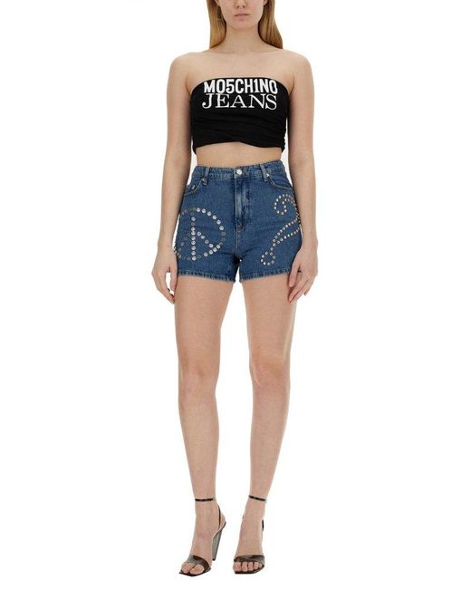 Moschino Blue Jeans Logo Printed Strapless Cropped Top