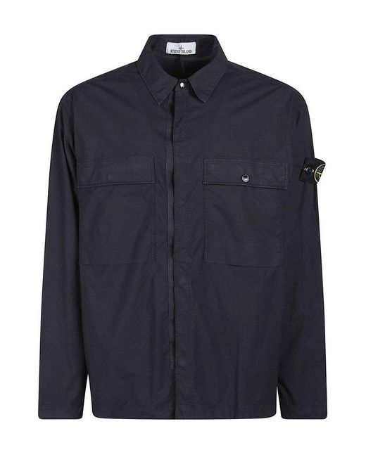 Stone Island Blue Logo Patch Long Sleeved Overshirt for men