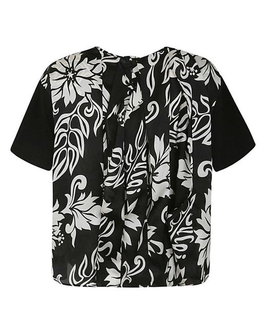 Sacai Black Floral Printed Pleated Crewneck T-shirt