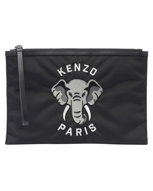 KENZO Black Elephant Embroidered Zip-up Clutch for men