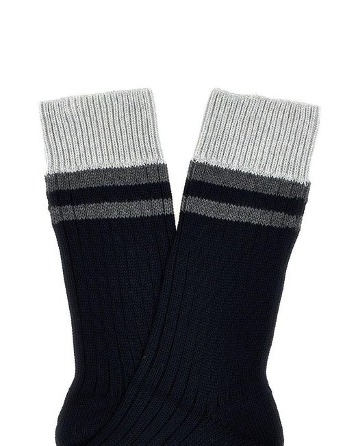 Brunello Cucinelli Black Striped Ribbed-knit Ankle Socks for men