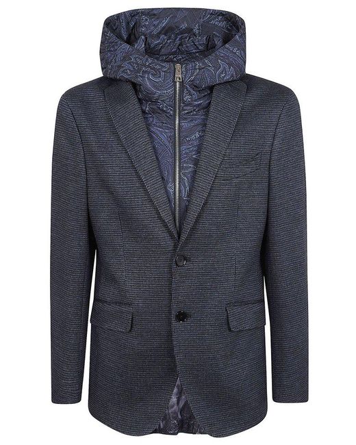 Etro Blue Layered Hooded Single-breasted Blazer for men
