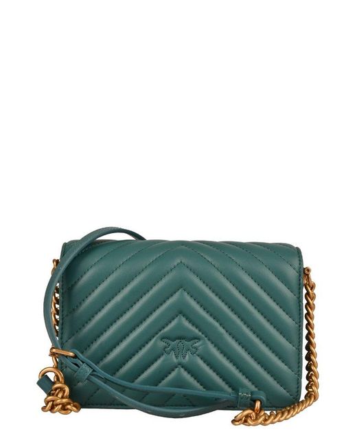 Pinko Green Love-Birds Quilted Chain-Linked Crossbody Bag
