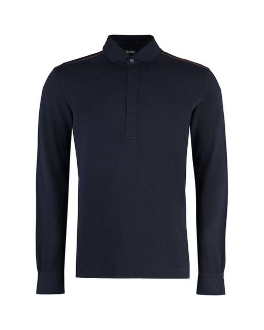 Zegna Blue Long Sleeve Cotton-piqué Polo Shirt for men