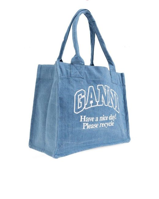 トートバッグ GANNI Logo embroidery denim shopping bag Light Blue Ganni Logo embroidery denim shopping bag