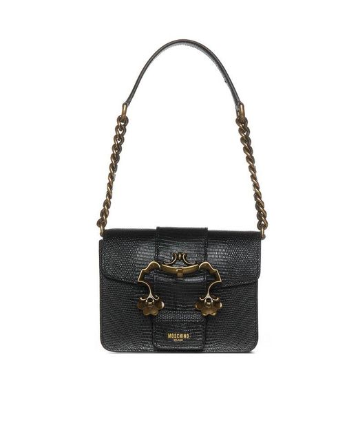 Moschino Leather Logo Detailed Foldover Shoulder Bag in Black | Lyst