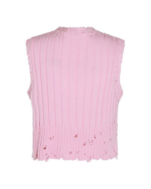 Marni Pink Logo-embroidered V-neck Distressed Knitted Vest