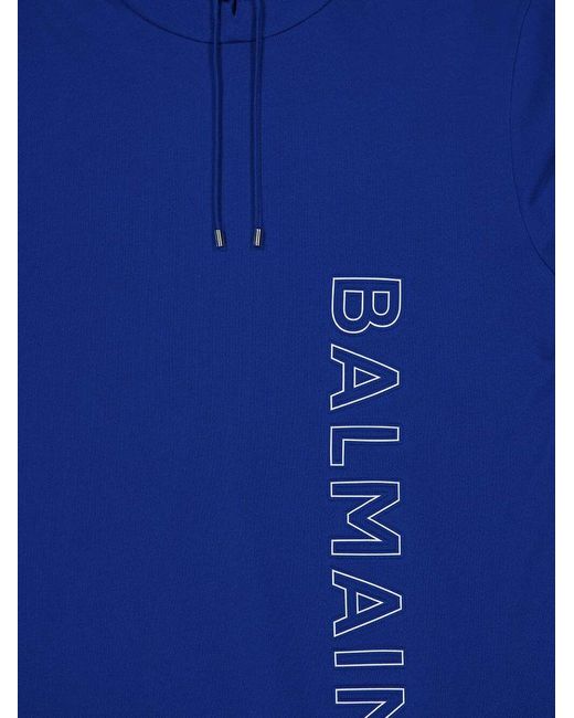 Balmain Blue Logo Embossed Drawstring Hoodie for men