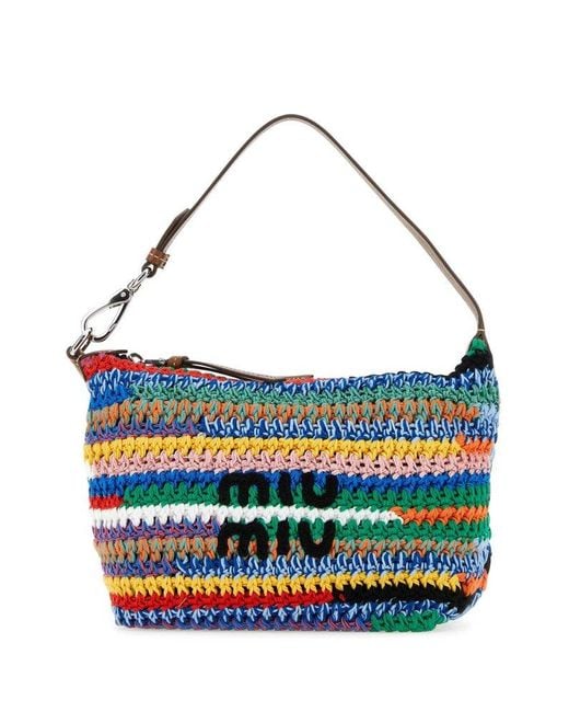 Miu Miu Blue Colour-block Crochet Knit Tote Bag