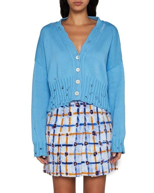 Marni Blue Distressed Cropped Knitted Cardigan