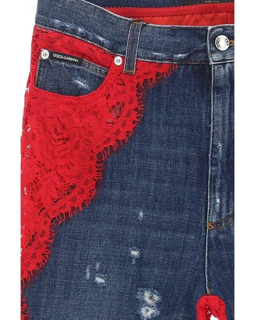 Dolce & Gabbana Red Distressed Lace-detailed Wide-leg Jeans