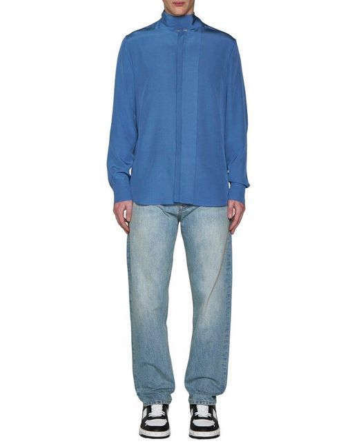 Valentino Blue Scarf Detailed Straight Hem Shirt for men