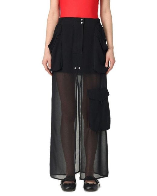 Pinko Black Front-Slit Drawstring Sheer Cargo Midi Skirt