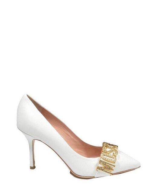 Moschino White Crystal Embellished Logo Plaque Pumps