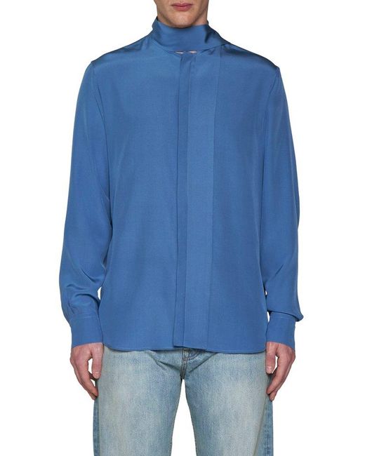 Valentino Blue Scarf Detailed Straight Hem Shirt for men