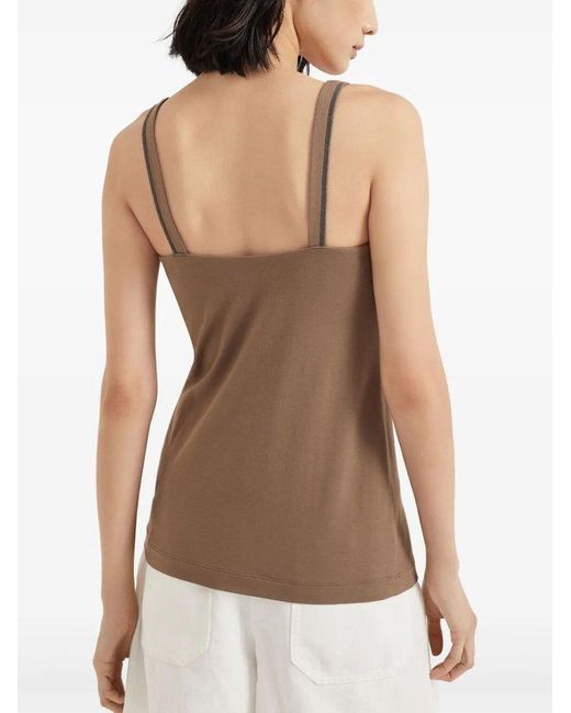 Brunello Cucinelli Brown Stretch Cotton Jersey Top With 'Shiny' Straps