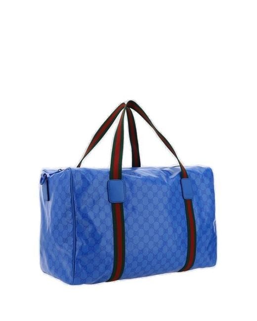 Gucci Web Detailed Large Duffle Bag in Blue for Men