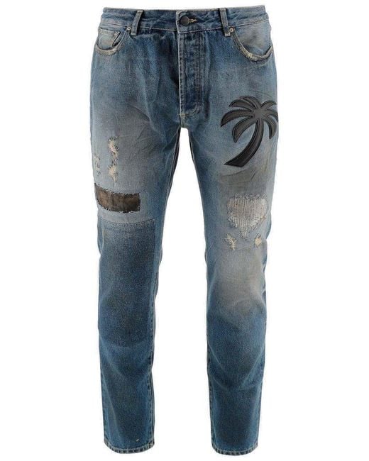 Palm Angels Blue Patchwork High Waist Jeans for men