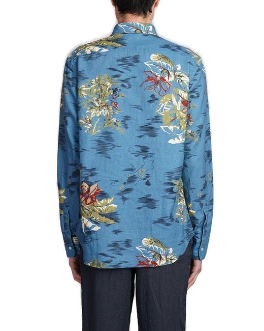 Aspesi Blue Floral-printed Long Sleeved Shirt for men