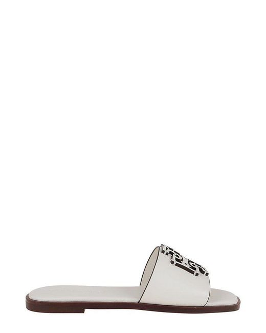 Tory Burch Leather Ines Slip-on Logo-patch Slides in White | Lyst UK