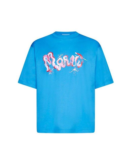 Marni Blue Painterly Logo-printed Crewneck T-shirt for men